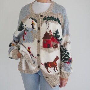 VTG Northern Treasures Cotton Knit Snowy Winter Horse Ski Cabin Scene Cardigan L